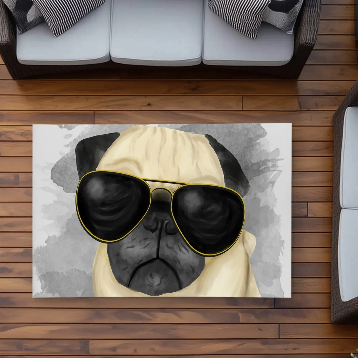 Begin Home Decor C1ROAR35XP6DL3 3x5 ft. Playful Polyester Pug Illustration Rectangular Cozy Decorative Area Rug - For Pets, Children, Outdoor Home Decor