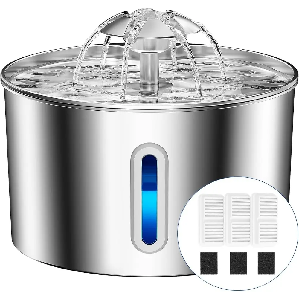 Stainless Steel Cat Water Fountain, 74oz/2.2L Corded Silent Drinking Dispenser with Metal Spout, 3 Filters, 3 Sponges, Filtration System, Silent Pump, Emergency Tray, Adsorbs Odors, Hydrates for 5 Days, Peaceful Environment for Indoor Use