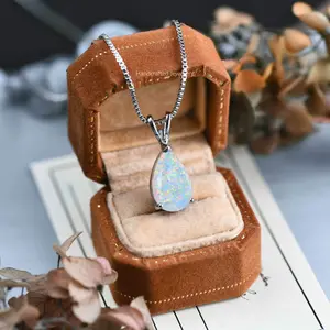 Sofia White Opal Teardrop Necklace Fire Opal Droplet Choker Jewelry Dainty Adjustable Handmade Gift for Her Elegant Design Minimalist Style Natural Stone Pendant - Necklin Asphalt