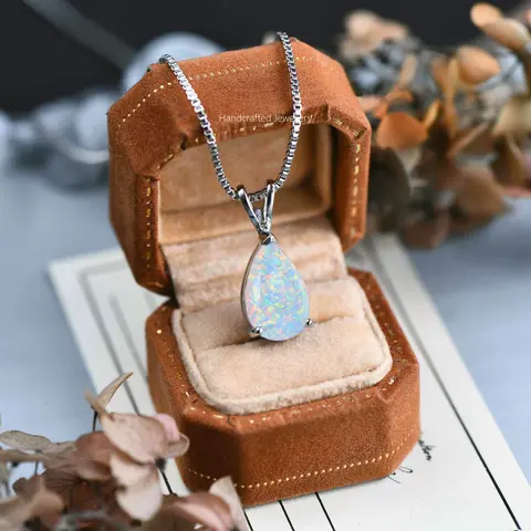 Sofia White Opal Teardrop Pendant Necklace - Handcrafted Dainty Adjustable Minimalist Natural Stone Jewelry for Women, Female Daily Casual Fire Opal Droplet Choker Gift