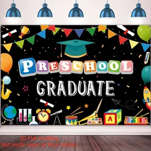 2D Flat Banner Class of 2026 Preschool Graduate Backdrop, Vinyl School Ceremony Decor with Congrats Text, Balloon & Diploma for Kindergarten Pre-K Graduation