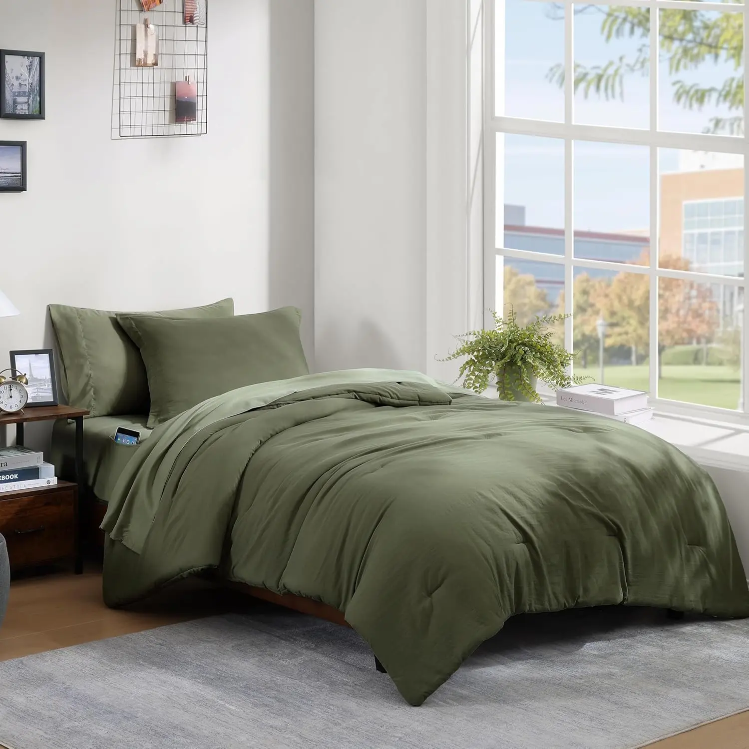 Twin/Twin XL Comforter - 2 Olive Green Comforter Prewashed Lightweight for Seasons,Fluffy Down Alternative Twin XL Comforter with 1 Pillow Sham