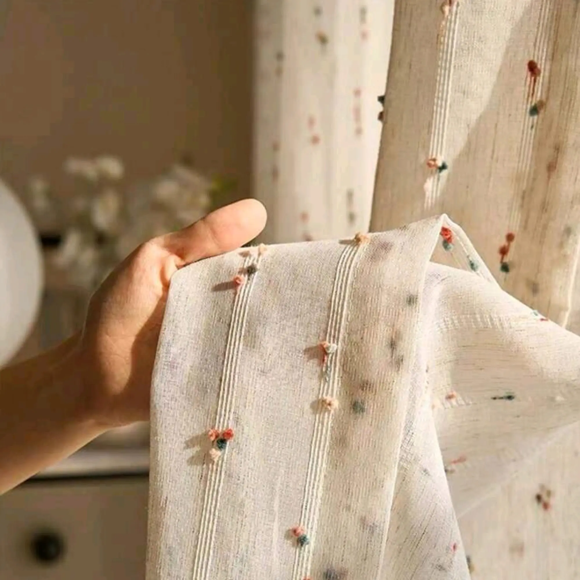 Vintage Linen Curtains with Colorful Dots, Textured Drapes for Living Room Bedroom Office, Home Decor Protection, Home Decoration Curtain, Window Curtain, Finished Curtain, Home Decorative Curtain