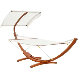 13FT Wooden Arc Hammock with Canopy, Outdoor Hammock Bed with Wood Arc Stand for Patio Balcony Garden Backyard, White