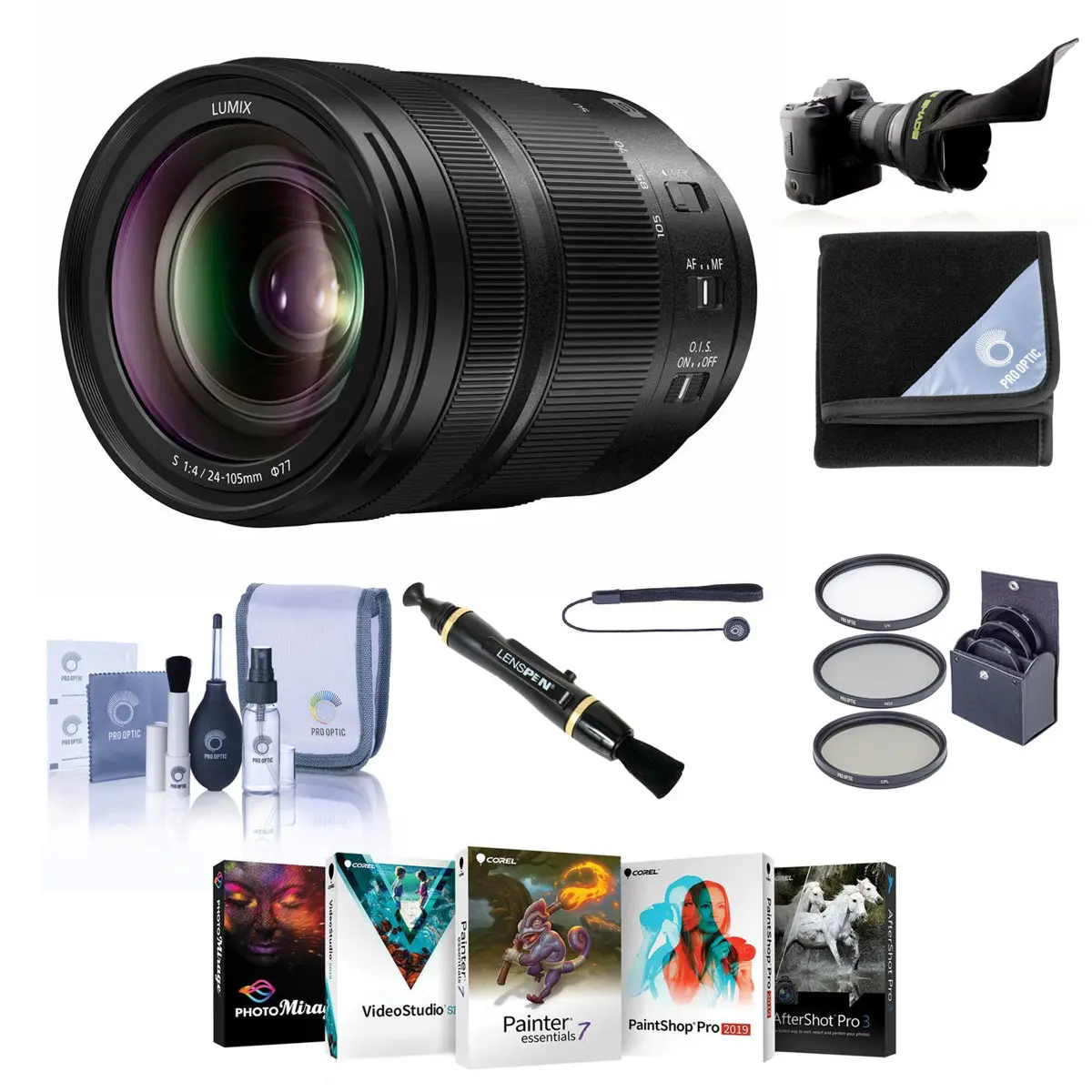Panasonic LUMIX S 24-105mm f/4 O.I.S. Lens for L Mount, Bundle with ProOptic 77mm Filter Kit, Flex Lens Shade, Lens Cleaner, Lens Wrap, Cap Tether, Cleaning Kit, PC Software Kit