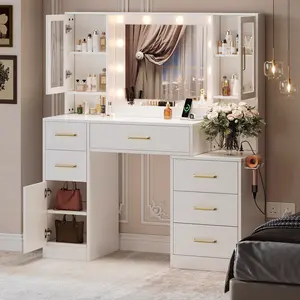 Vanity Set with Lighted Mirror,43'' Makeup Vanity with Charging Station,Vanity Desk with 9PCS LED Bulb,Storage Shelves,7 Drawers for Bedroom(No Stool)