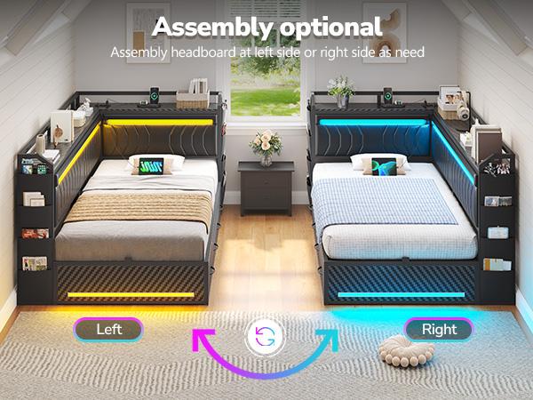 Hasuit L-Shaped Corner Bed Frame - Leather Upholstered with Pull-Stitch Detailing, 4 Storage Drawers, LED Light, Metal Legs, 500lbs Load Capacity, Convertible Daybed (Esports Style)