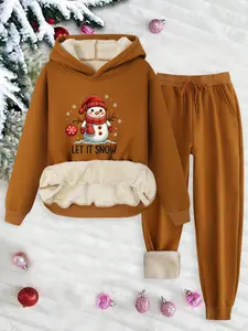 Women's Plus Size Hooded Sweatshirt Set, Christmas Print Fleece Jacket & Pants, Casual Fall Winter, Thick Velvet Top