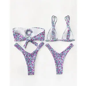 Boho Ditsy Floral Bikini Set for Women - Brazilian High Cut Bottoms & O-ring Ruched Bandeau Top