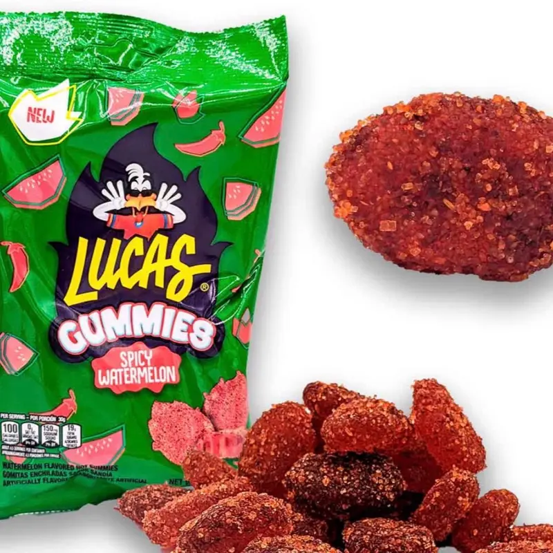 Lucas Sweet-Spicy Watermelon Flavored Hot Gummies, 1.91 oz (40g) Ambient No-Preservative Chewy Snacks, Chewing & Bubble Gum Category Treats, Gummy, Lucas Gummy, New Product