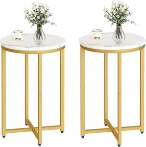 Hooseng Set of 2 Round Side Tables | 16" Faux White Marble Top with Gold Metal Frame | Easy Assembly & All Tools Included | Modern End Tables/Nightstands for Living Room, Bedroom & Small Spaces
