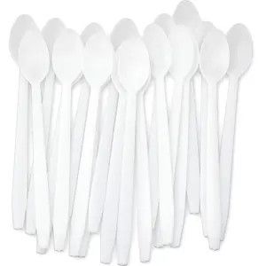 Extra Long, Sturdy White 8in Premium Sundae Spoons 50ct. Heavy Duty Disposable Plastic Utensils for Ice Cream, Milkshakes, Tea and Floats. Stirring Spoon for Fun Cocktails and Tall Iced Beverages