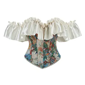 Women Corset Bustier Tops Vintage Jacquard Flower Ruffle Sleeve Body Shaper Trendy Renaissance Shirts