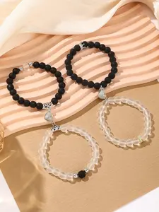 Couple Bracelets Set - Glow in Dark Crown & Heart Beads - Matching Love Gift for Him/Her - Valentine's Anniversary Present