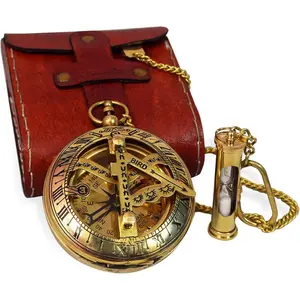 Handcrafted vintage brass sundial compass — antique nautical sun clock with leather case — engraved collectible brass compass; nautical vintage anniversary gifts for men