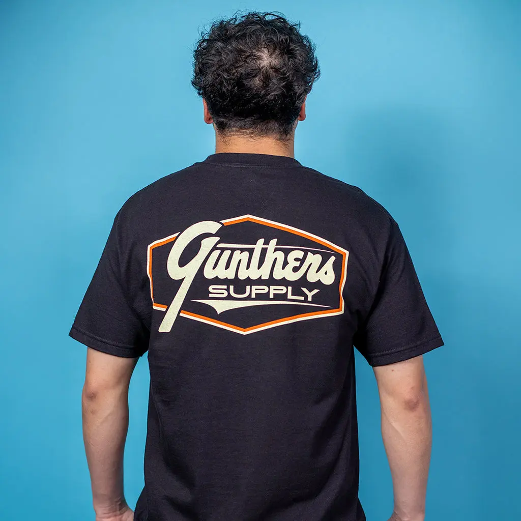 Gunthers Co Men's Stylish Legacy Streetwear T-Shirt, Short Sleeve Black Crew Neck with Back Logo Print, Chic, No, Round Neck, Bold Graphic