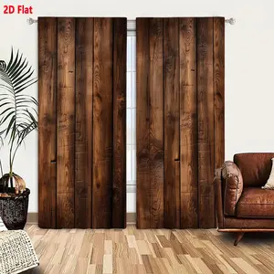 2D Flat 2-Pack Rustic Wooden Plank Textured Blackout Curtains, Privacy Grommet Curtains, Dark Brown Natural Grain Knots Crack Design, Earthy Warm Wooden Paneling Inspired Decor, Living Room Bedroom Window Drapes with Grommet Top
