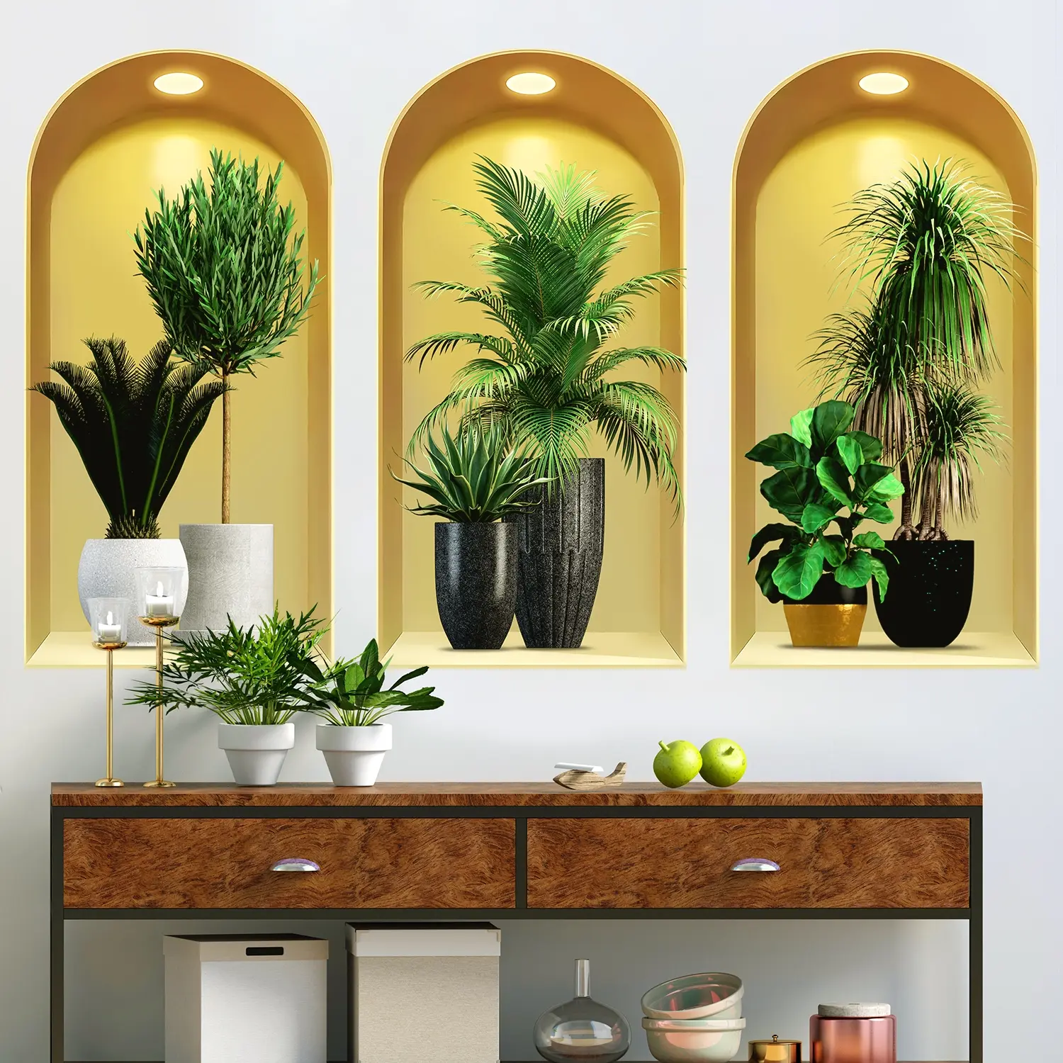 3-piece set, Nordic green plant themed simulated arched window flower basin wall sticker, self-adhesive removable decorative sticker, Interior Wall Decor, suitable for wall decoration in living rooms, dining rooms, and study rooms, Vinyl Wall Stickers