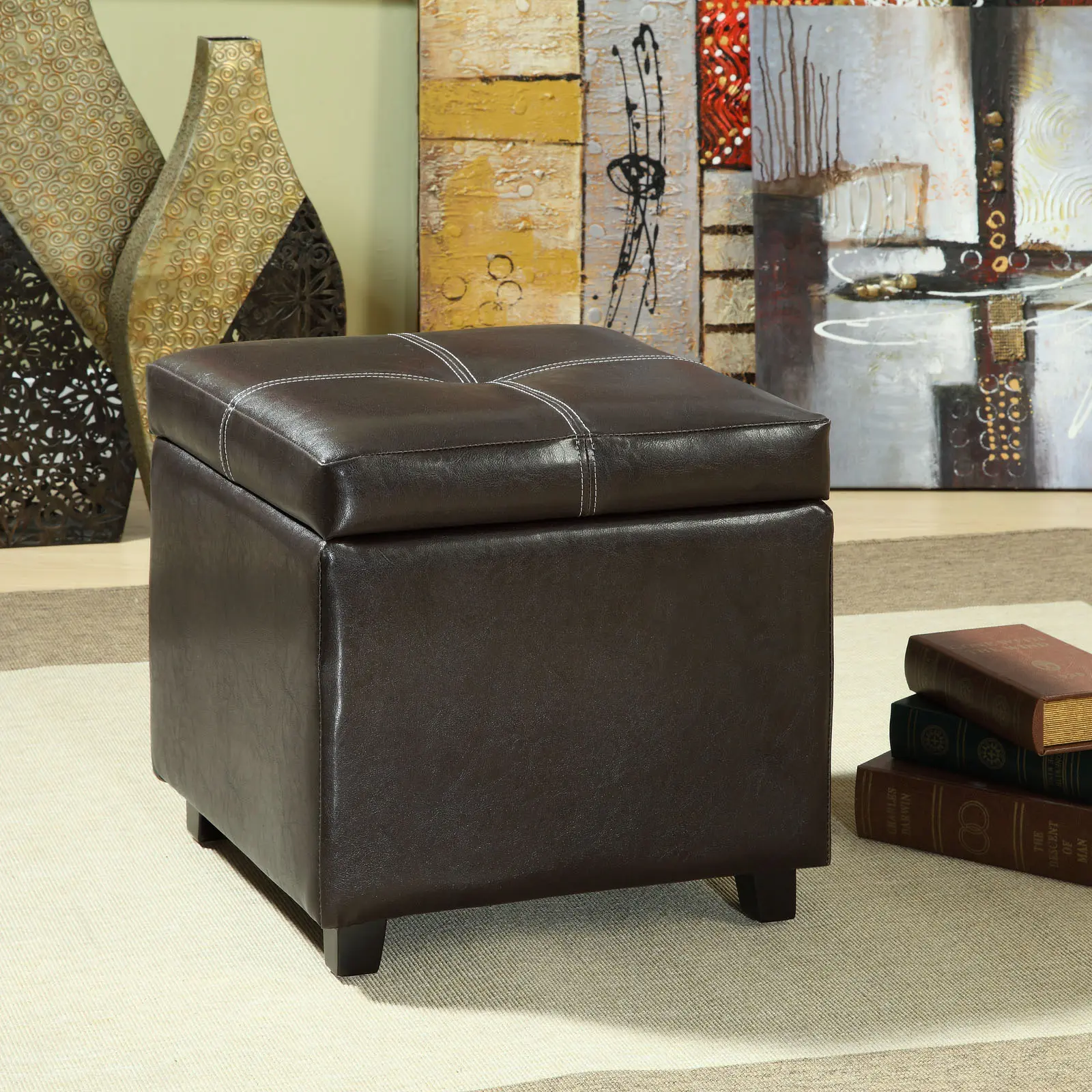1-Treasure Vinyl Storage Cube Ottoman - Modern Durable Vinyl-Upholstered Furniture with Piped Edging, Living Room Stools with Footstool Function, Durable Simplicity Indoor Bench