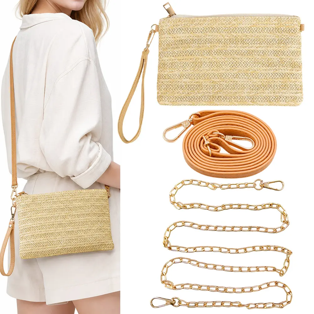 1 Pcs Chic Beige Straw-Woven Handbag with Wristband - Portable Makeup Bag, Summer Shopping Bag, Wedding Anniversary Gift for Sports & Outdoor Enthusiasts