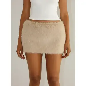 Women's Sexy Faux Fur Zipper Low Waist Short Skirt, Hip Hugging Skirt, Slim Fit Bodycon Dress for Fall & Winter, Plain Color Versatile Fashion