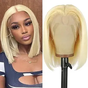 13x4 HD Lace Front 613 Bob Wig Genuine Human Hair 180 Density Flexible Styling Glueless Wear and Go Pre Plucked Short Straight Bob Wig For Black Women 14 Inch