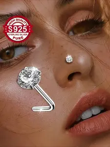1pc S925 Silver, White Round Three-dimensional L Rod Nose Ornament, Shiny High-quality Synthetic Zirconia Nose Ring Jewelry, Women's High-end Elegant Decoration, Suitable for Women's Dating,  Low Allergy, Nose Piercing Jewelry, Body Piercing Jewelry