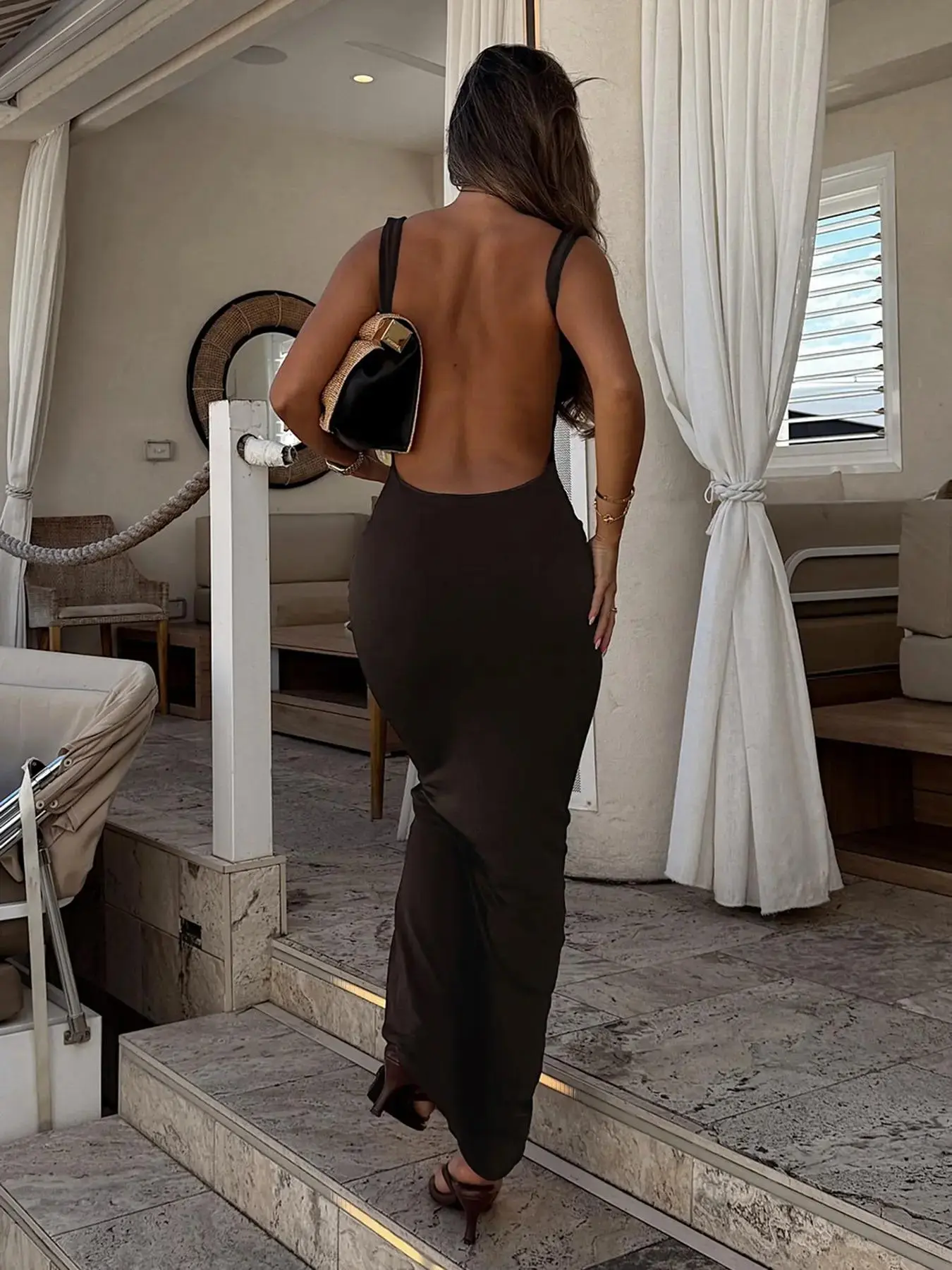 Women's Sexy Chocolate Brown Deep Backless Dress. Low Neckline Bodycon Solid Party Chic Versatile for Layering or Outer Wear. Fall Winter Long Gown Parties, Elegant Sleeveless, timeless trendy