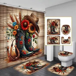 Cowboy and Sunflower Pattern Bathroom Decor Set, 4-Piece Set, including shower curtain, toilet seat cover, bath mat, and U-shaped mat, bathroom accessories, Bathroom Decoration Accessories