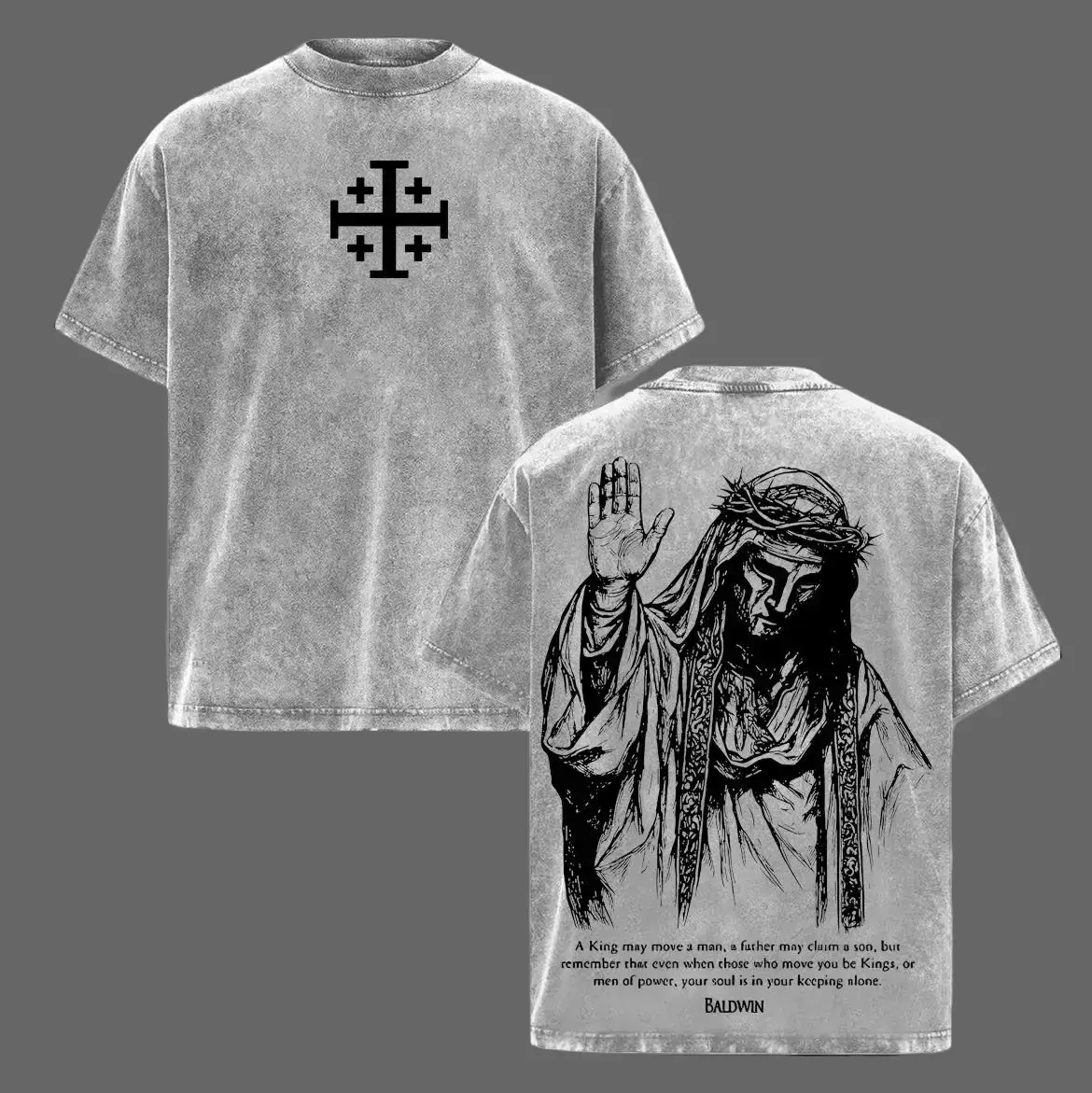 Men's Vintage Graphic T-Shirt, Distressed Medieval Crusader Design with Baldwin IV 'The Leper King' and Jerusalem Cross, Gothic Casual Party Wear, None, Cute