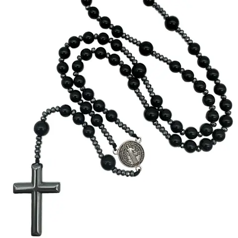 San Benito Medalla Catholic Rosary, Rosary Cross Necklace for Men, Beaded Faith Pendant Necklace, Christian Prayer Beads, Spiritual Necklace, Artificial Crystal Chain, Metal Coating, Perfect Catholic Religious Gift