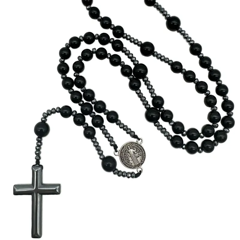 San Benito Medalla Catholic Rosary, Rosary Cross Necklace for Men, Beaded Faith Pendant Necklace, Christian Prayer Beads, Spiritual Necklace, Artificial Crystal Chain, Metal Coating, Perfect Catholic Religious Gift