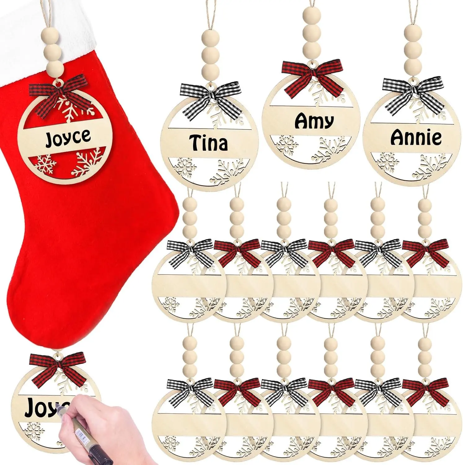 12 Pcs Wooden Christmas Stocking Name Tags - Smooth Hollow Snowflake Farmhouse Decoration, Buffalo Plaid Hanging Ornaments for Rustic Christmas Trees (Black White, Red Black), Lightweight, Hanging Tags