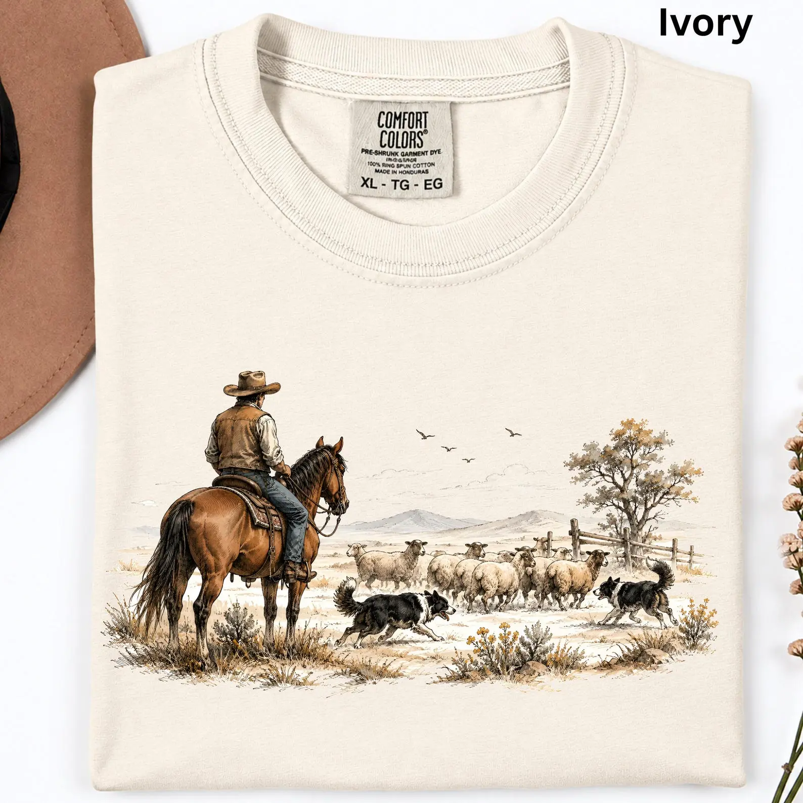 Comfort Color Cowboy Sheep Herding T-shirt, Border Collie Ranch Life Retro Shirt, Western Country Music Shirt Gift For Cowboy Gift For Cowgirl