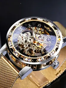 Men's Mechanical Watch, Skeleton Wristwatch, Hollow Design, Casual Business Style, Mineral Glass Dial, Alloy Case, Round Face, Buckle Closure, All Seasons