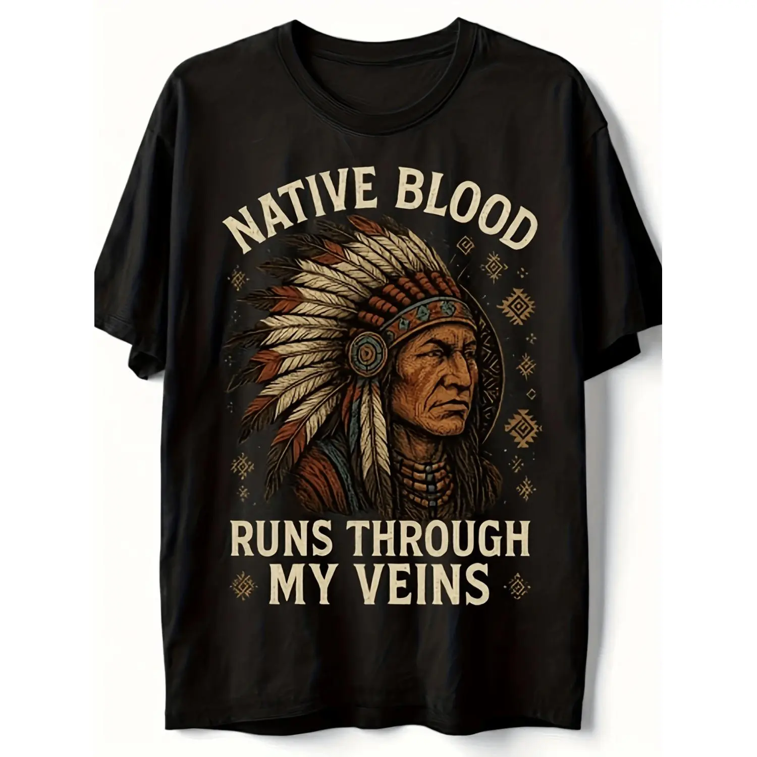 Native Blood Flows Through My Veins Tribal Heritage T Shirt - Native American Pride Cultural Retro Pure Cotton Tee for Men and Women Powwows