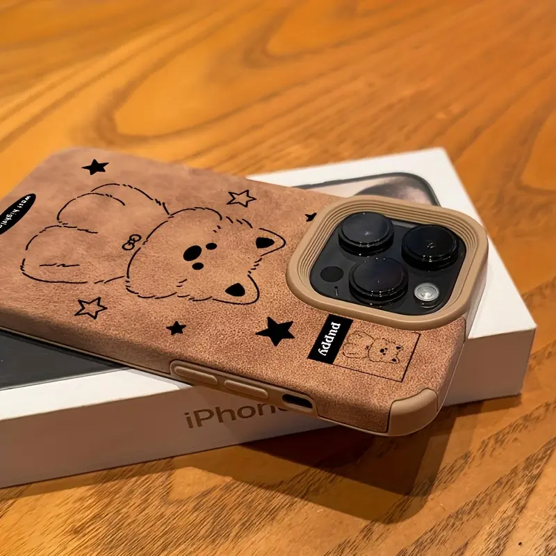 Retro Bear Star Phone Case Protective Shockproof Soft TPU Faux Suede Anti-Fingerprint Durable Cover for iPhone 17 16 15 Pro Max 14 Plus 13 12 11 Pro Air with Raised Lens Bezel Drop Protection
