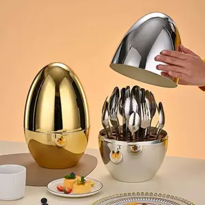 Egg-Shaped Design Easter Tableware Set, 24 Packs Stainless Steel Cutlery & 1 Count Utensils Holder, Kitchen Accessories, Dinnerware Service Set