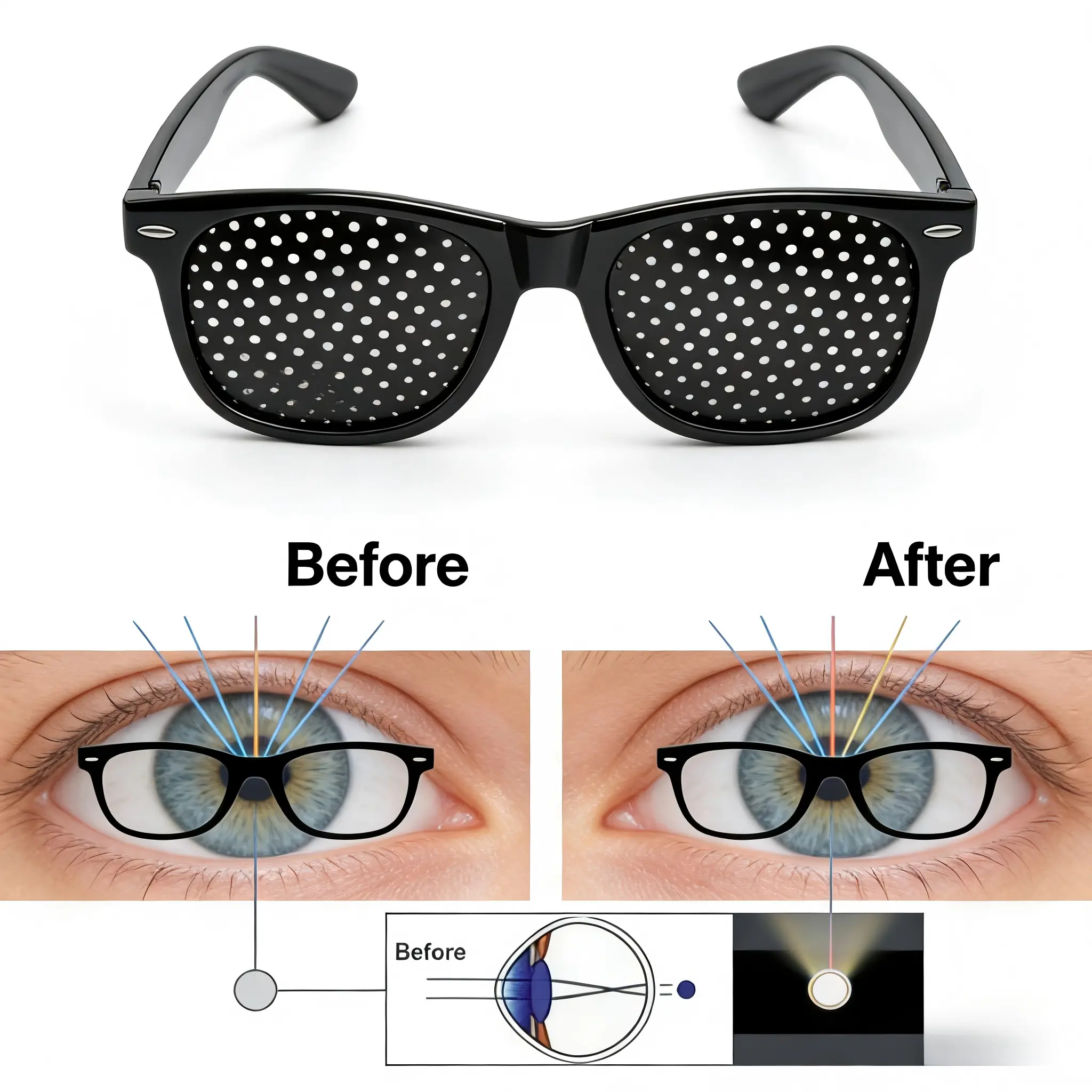 Square Full Rim Pinhole Glasses in Solid Plastic, Unisex Frame for Male Vision Improvement & Astigmatism Correction