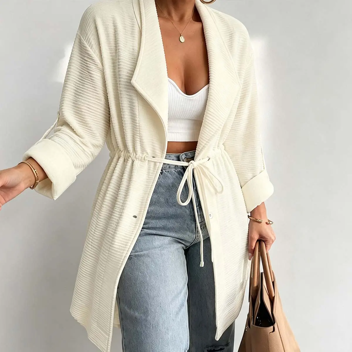 CHICME Women's Textured Drawstring Waist Lapel Coat Mid-length Roll Up Sleeve Button Front Trench Jacket