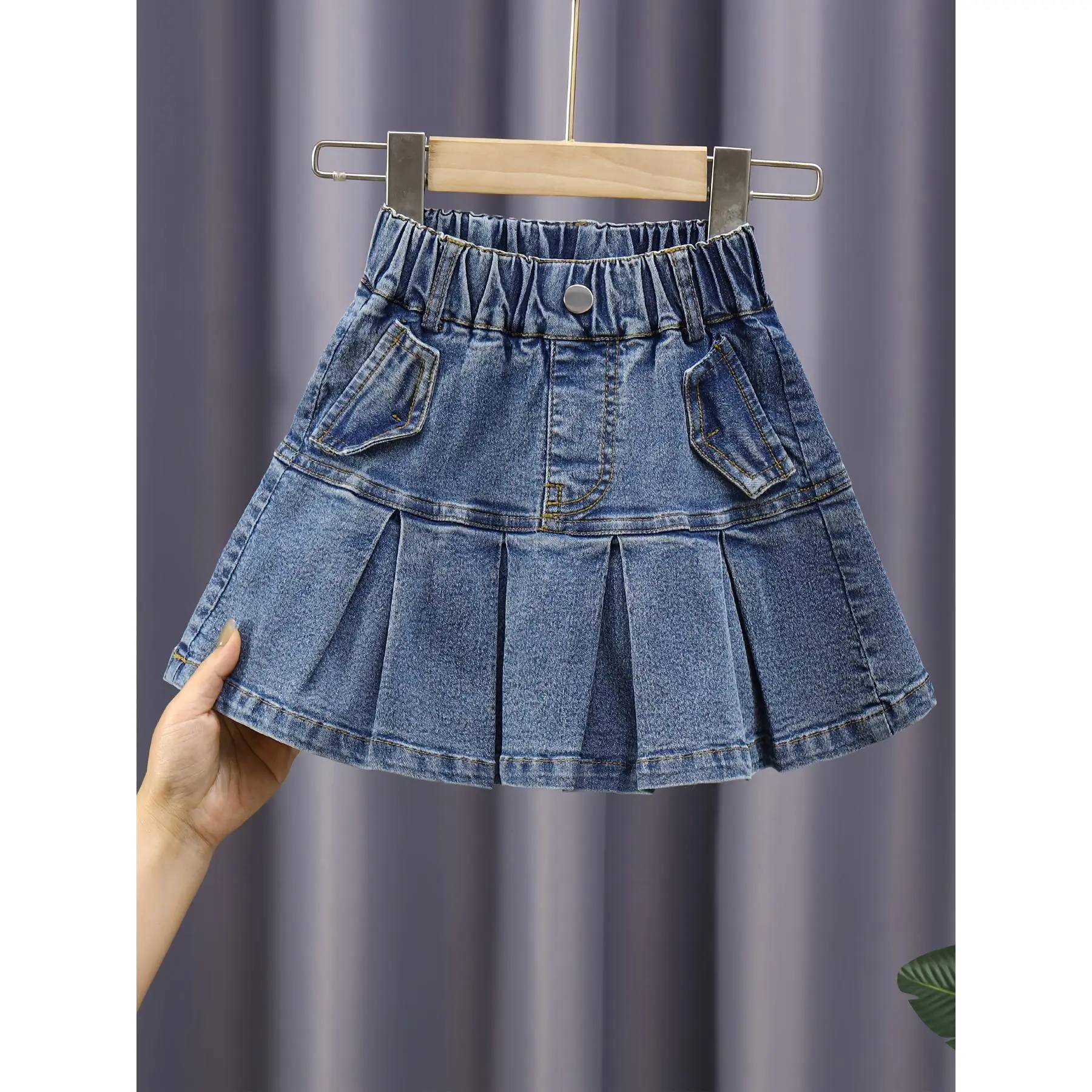 Girls' High-Waist Flared Denim Skirt, Plain Cotton Design, All-Seasons Casual Basic Clothes for 11-14Y Kids, Trendy Girls' Fashion Clothing, 11-12Y, Trendy Kids' Fashion Clothing