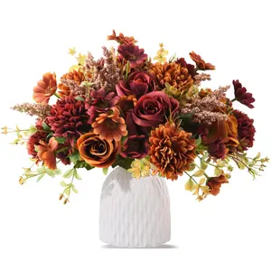 1 PC Artificial Fall Flowers, Faux Rose Bouquet with Hydrangea, Fake Flower Arrangement for Home Fall Wedding Table Centerpieces Decorative Party Decor