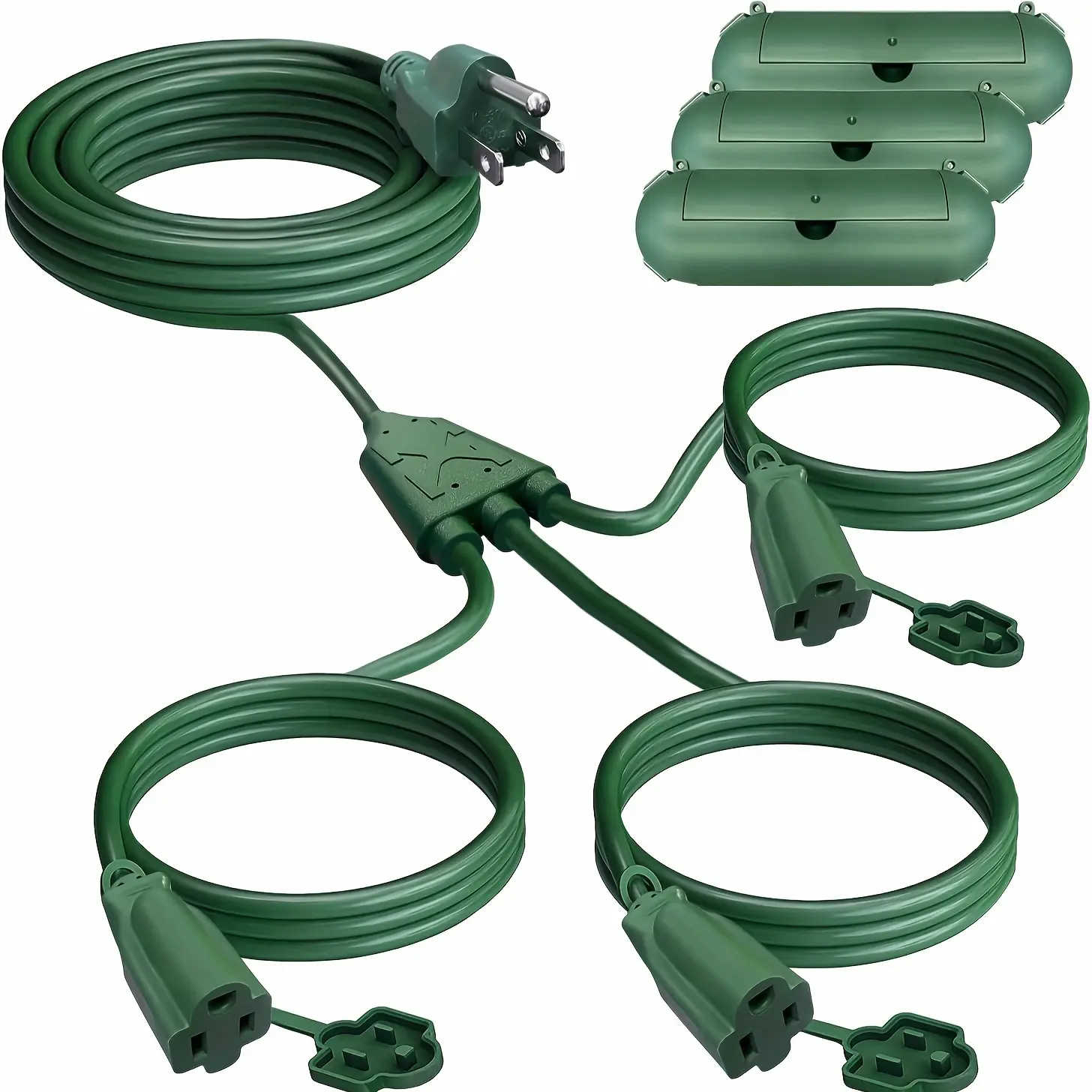 Extension Cord 1 To 3 Splitter, 13FT/28FT/38FT End To End (25FT/40FT/50FT Total), With 3 Covers For Indoor, 16/3 SJTW Wire Ideal For Holiday Decoration Light, Green