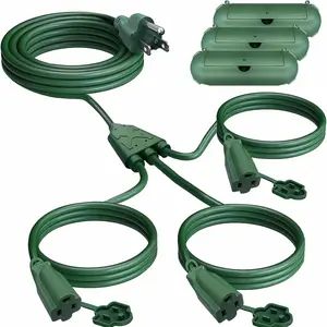 Extension Cord 1 To 3 Splitter, 13FT/28FT/38FT End To End (25FT/40FT/50FT Total), With 3 Covers For Indoor, 16/3 SJTW Wire Ideal For Holiday Decoration Light, Green