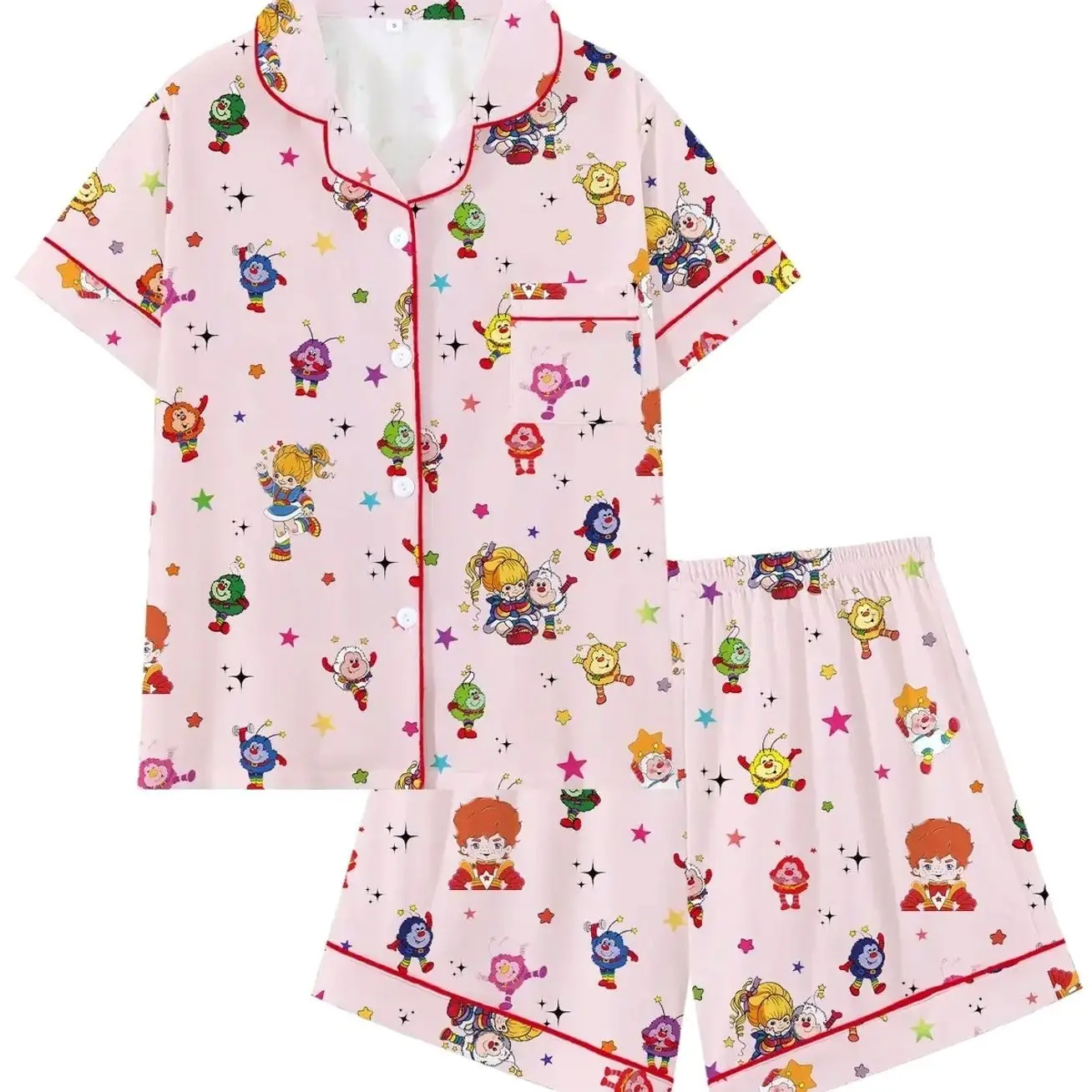 Rainbow brite Retro Cute Collar Short Sleeve Pajama Set, Comfortable Sleepwear and Loungewear for Home and Outdoors, Perfect Gift for Sleepwear Lovers Pyjamas Pjs