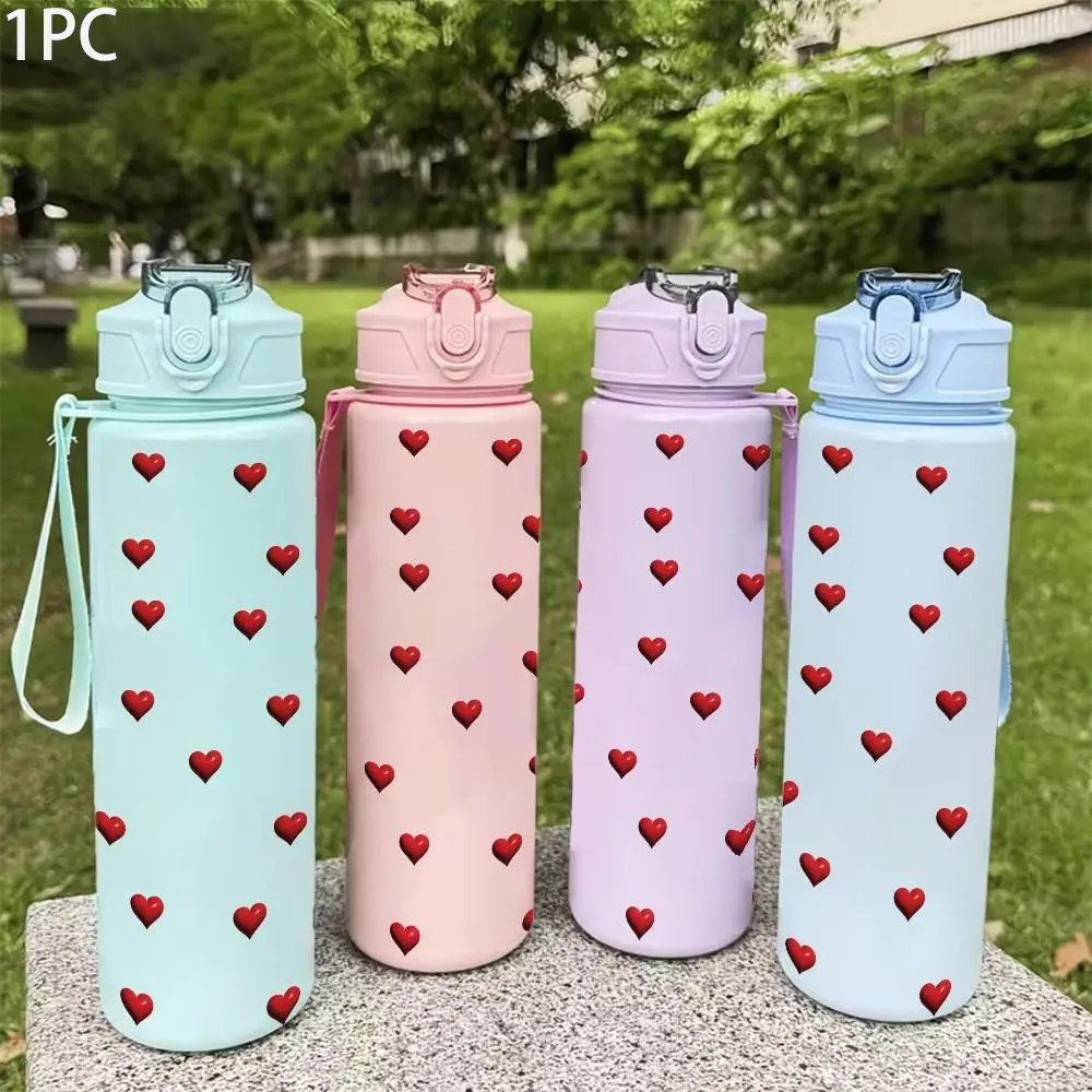 1pc High-Quality Reusable Plastic Water Bottle with Red Hearts Design - Large Capacity 25oz/750ml Leakproof Lid with Straw, Durable Plastic Cup Portable for Gym, Office, Travel, for home, Drinkware Tumbler, Reusable Water Bottles