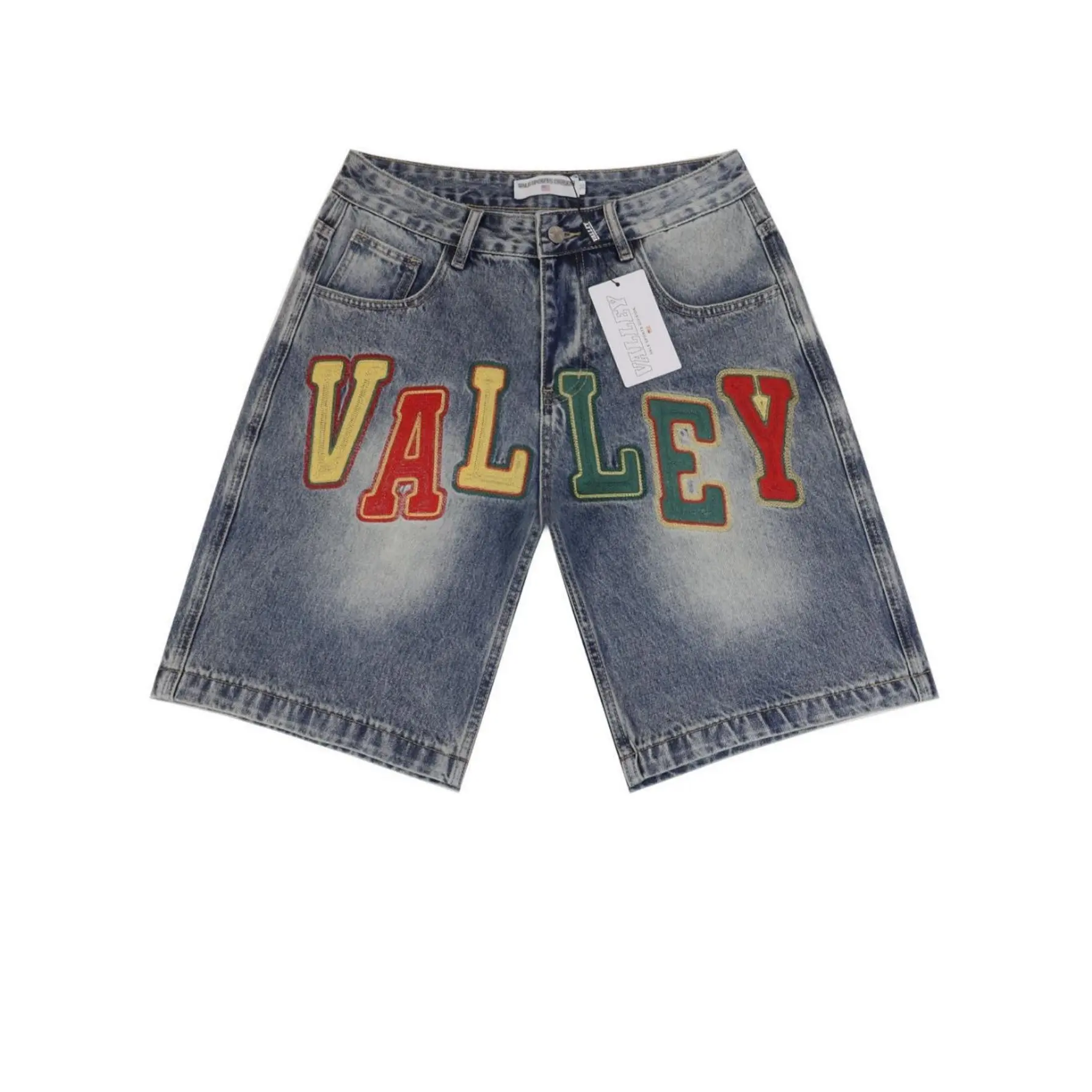 Valley Mens Y2K Hip Hop Varsity Letter Patch Denim Shorts Vintage Washed Blue Oversized Baggy Streetwear Jorts Bermuda Summer Shorts Trendy Bottom