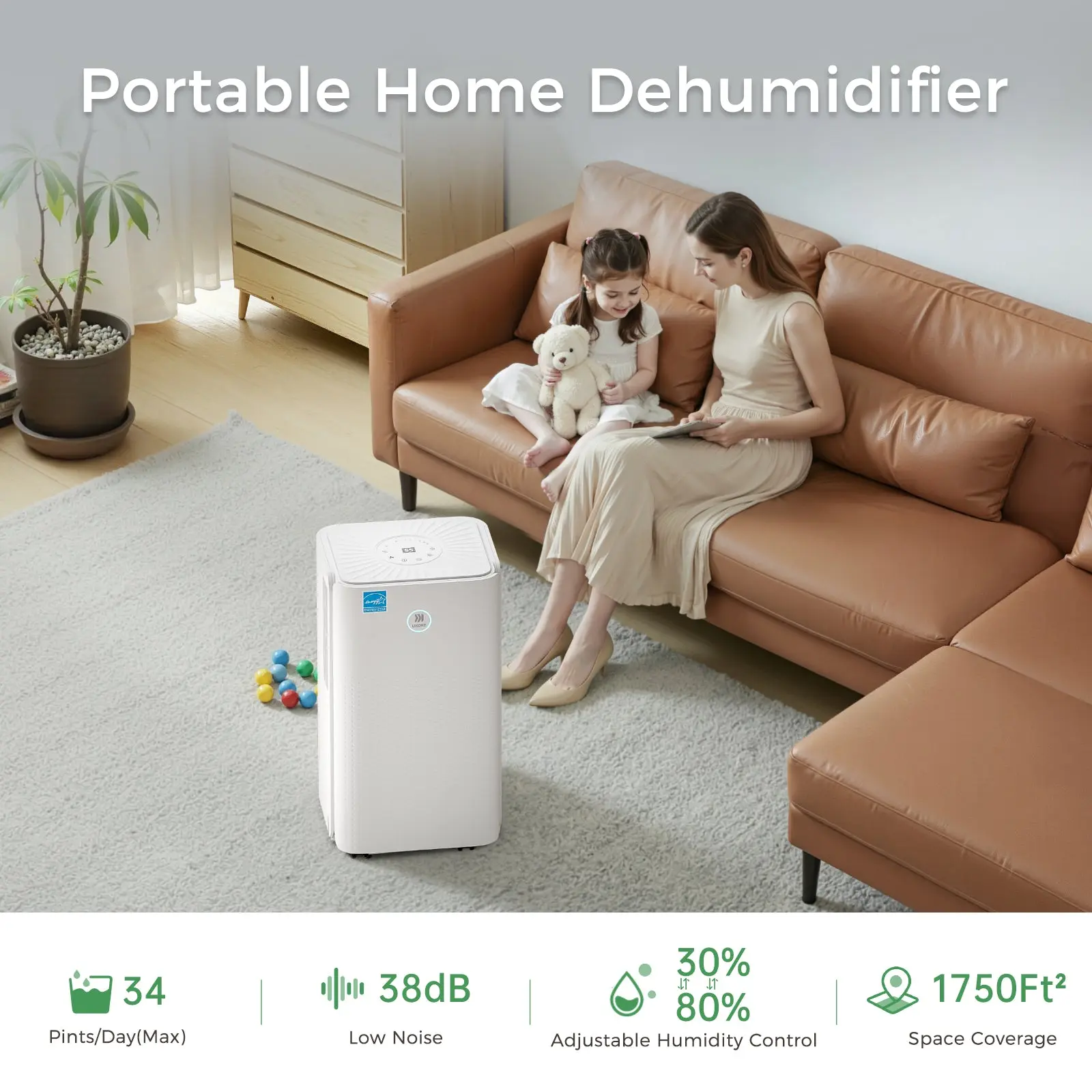 Ukoke 32 Pint Dehumidifier for 1750 Sq. Ft – Energy Star Most Efficient, Auto Drain, Quiet Portable Moisture Remover for Basements, Bedrooms & RVs