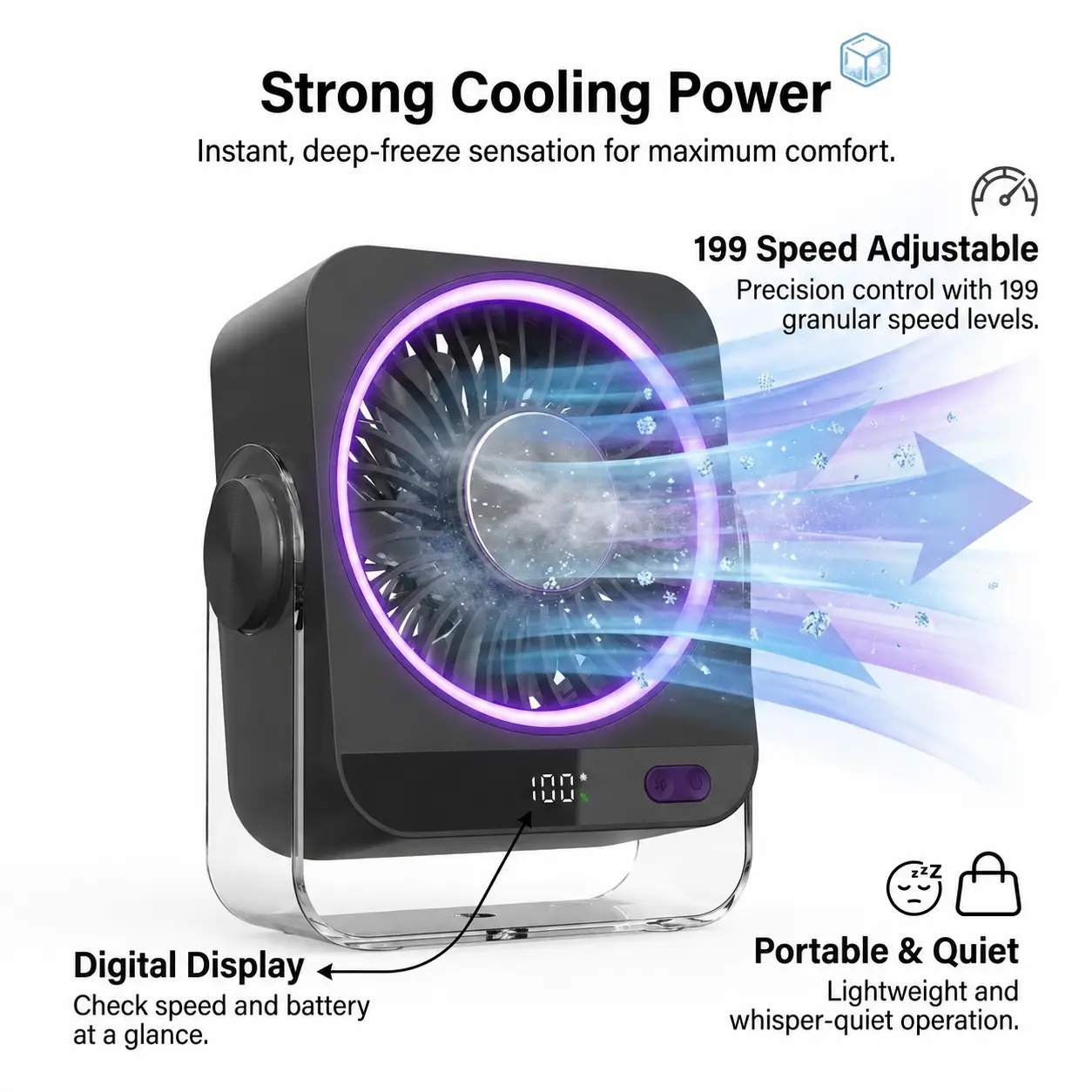 Rechargeable Desk Fan, 199-Speed Personal Fan with Digital Display, High Velocity Turbo Cooling Fan for Home Office Bedroom Travel