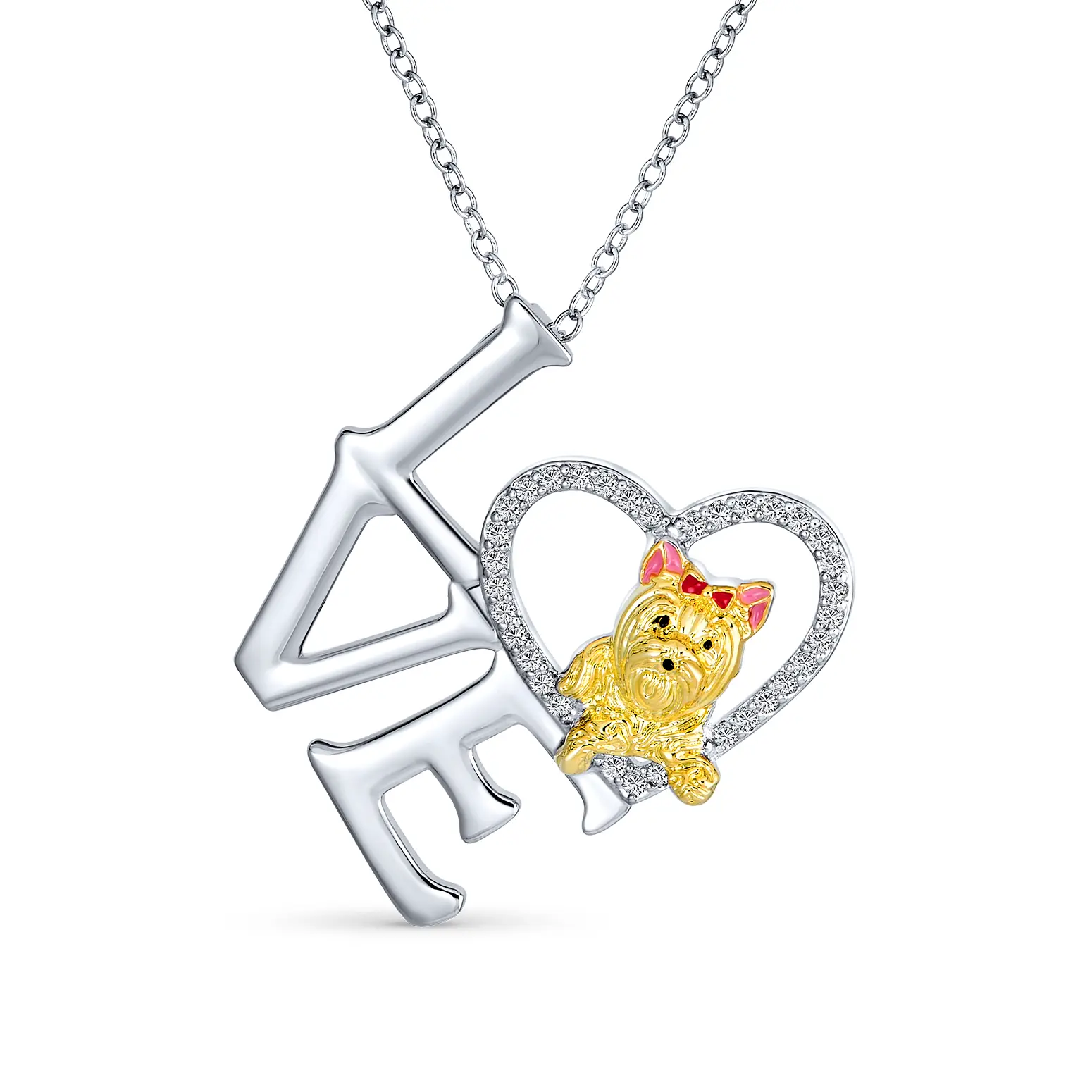 Love Heart Puppy Dog Yorkie Pedant Necklace Dainty Silver Plated